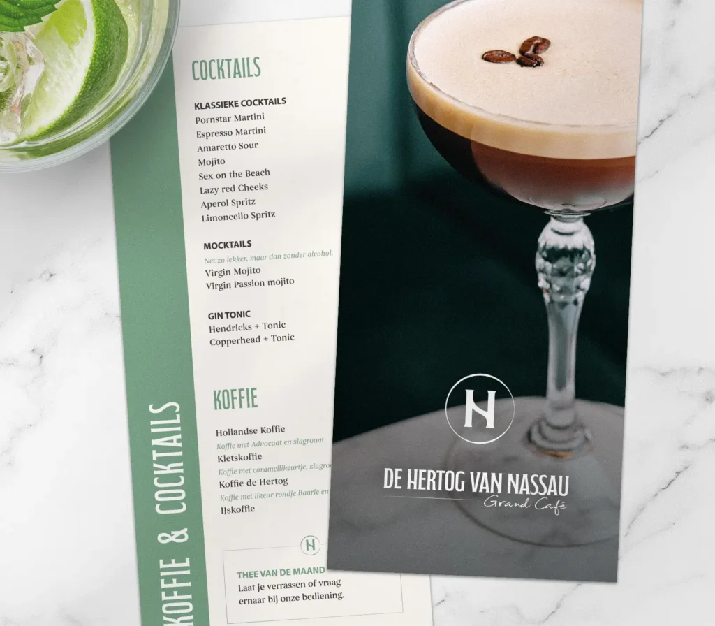 koffie en cocktailkaart De Hertog van Nassau Baarle - ontwerp door Neonzwart Baarle